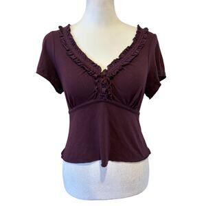 Vintage Y2K Weavers Babydoll Baby T Shirt Size M Ruffle Back Tie Burgundy Vamp